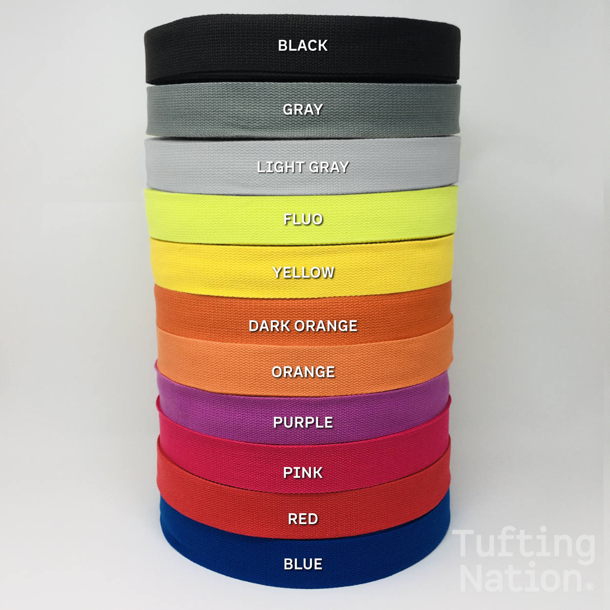 Carpet Binding tape for Rug backing and edge finishing. Available in Black, Gray, Fluo, Yellow, Dark Orange, Orange, Purple, Pink, Red and blue. | TuftingNation