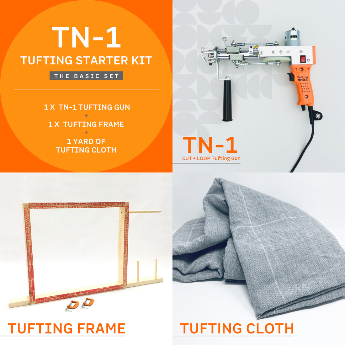 TN-1 Tufting Starter kit including a tufting machine, a tufting frame and 1 yard of tufting fabric | TuftingNation Canada