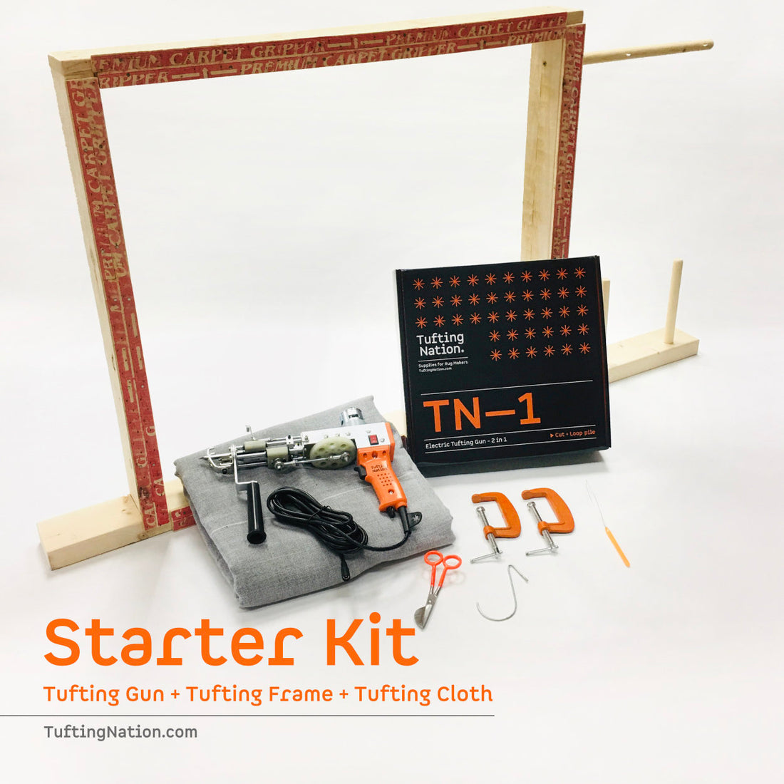 TN-1 Tufting Starter kit including a tufting machine, a tufting frame and 1 yard of tufting fabric | TuftingNation Canada