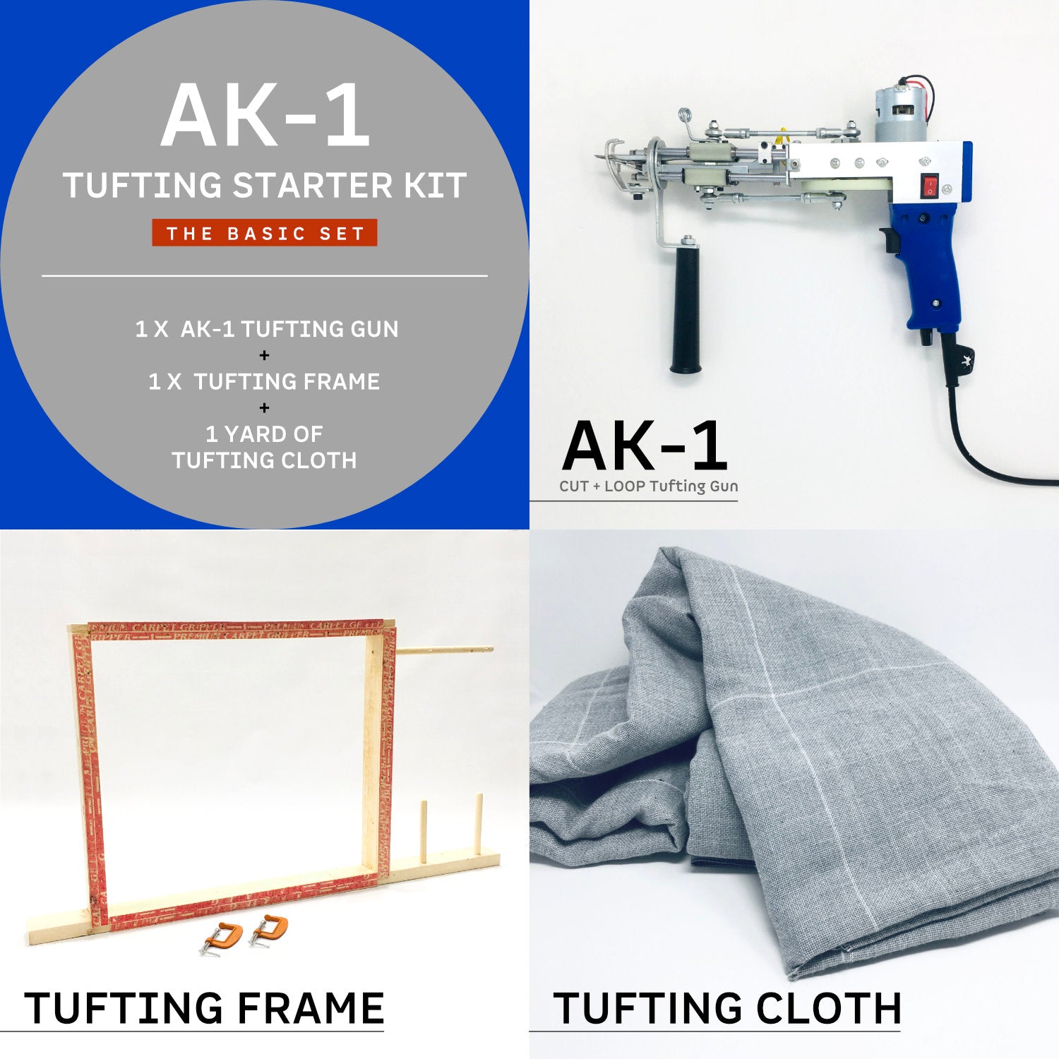 AK-1 Tufting Starter kit including a tufting machine, a tufting frame and 1 yard of tufting fabric | TuftingNation Canada