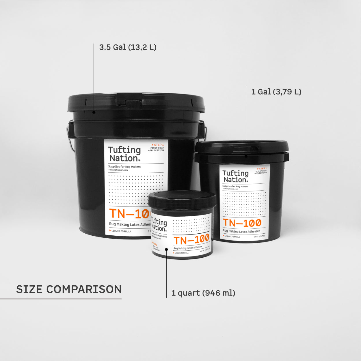 Rug Glue Size Comparison | 1 Quart (946 ml), 1 Gallon (3.79 L), 3.5 Gallon (13.2 L) | Tufting Nation Canada